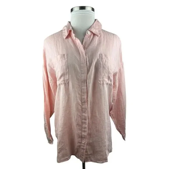 J. Jill Love Linen Button Up Tunic Top Double Pocket Pink XL Blouse Lagonlook - Picture 3 of 16